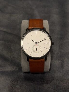 Skagen Black Case White Dial Watch with Brown Leather Strap